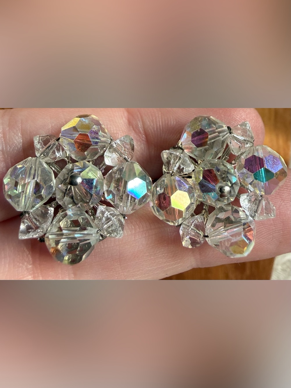 Vintage Clear Aurora Borealis AB Screw On Crystal Cluster Earrings Glass